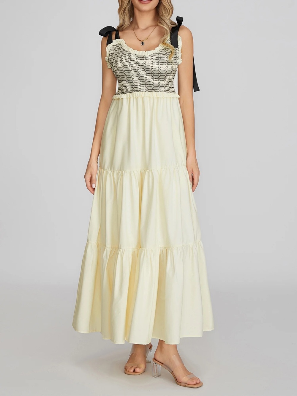Cream Smocked Bodice Maxi with Black Tie Straps